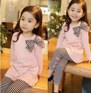 Retail and wholesale 2022 spring and autumn toddler girl clothing sets children clothes kids top with bow+striped leggings 2pcs