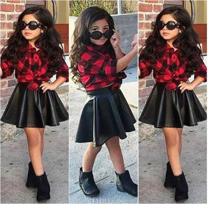 2PCS New Fashion Girls Kids Red Plaid Long Sleeve Tops Shirt Leather PU Skirt Summer Stylish Kid Girls Outfits Clothes Sets