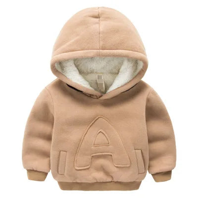 Winter Kids Plus velvet sweatshirts hoodies Thick cotton Fashion Baby Boys girl Warm Cashmere coat  clothes  Solid color letters