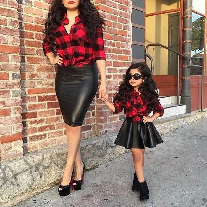 Infant Toddler Kid Baby Girls 2PCS Clothes Princess Plaid Tops Shirt Leather Skirt Fashion Outfits