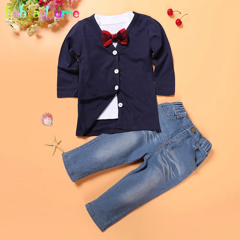 3Piece Set Spring Autumn Baby Boy Clothes Casual Fashion Gentleman Cardigan Coat+T-shirt+Jeans Children Boutique Clothing BC1161