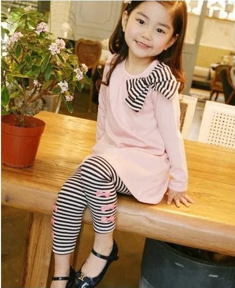 Retail and wholesale 2022 spring and autumn toddler girl clothing sets children clothes kids top with bow+striped leggings 2pcs