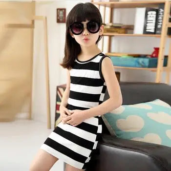 Children dressed in black clothes and white stripes 100% Cotton 3-14 years old vest dresses for teens