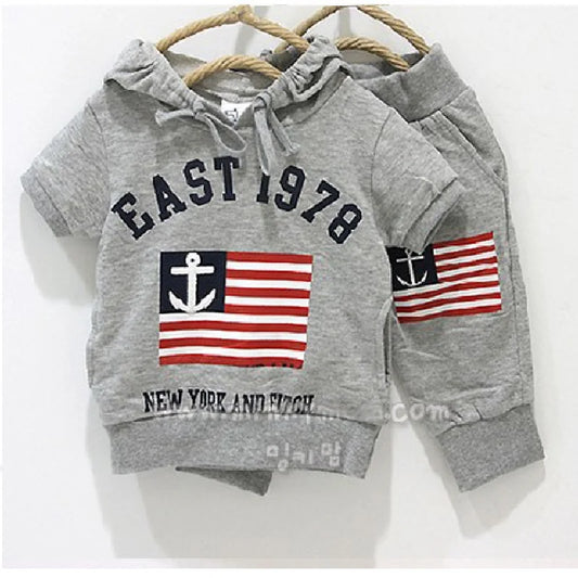 2021 Summer Spring Grey Sailor Flag Boys Hooded Sweatshirts Pants Sets Toddler Outfits 100% Cotton