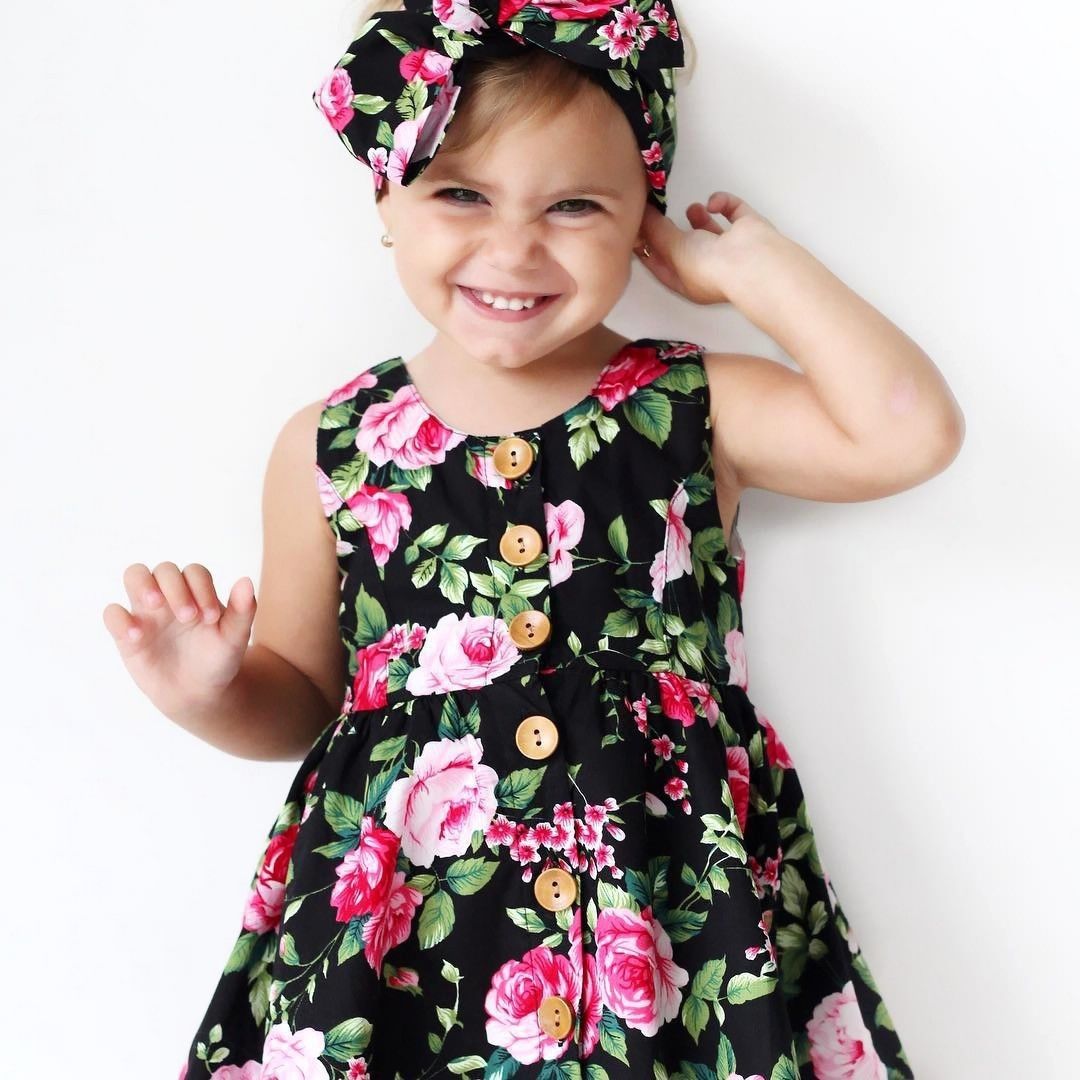 Toddler Infant Kids Baby Girls Summer Floral Dress Princess Party Sleeveless Dresses Headband 2pcs 0-4Y