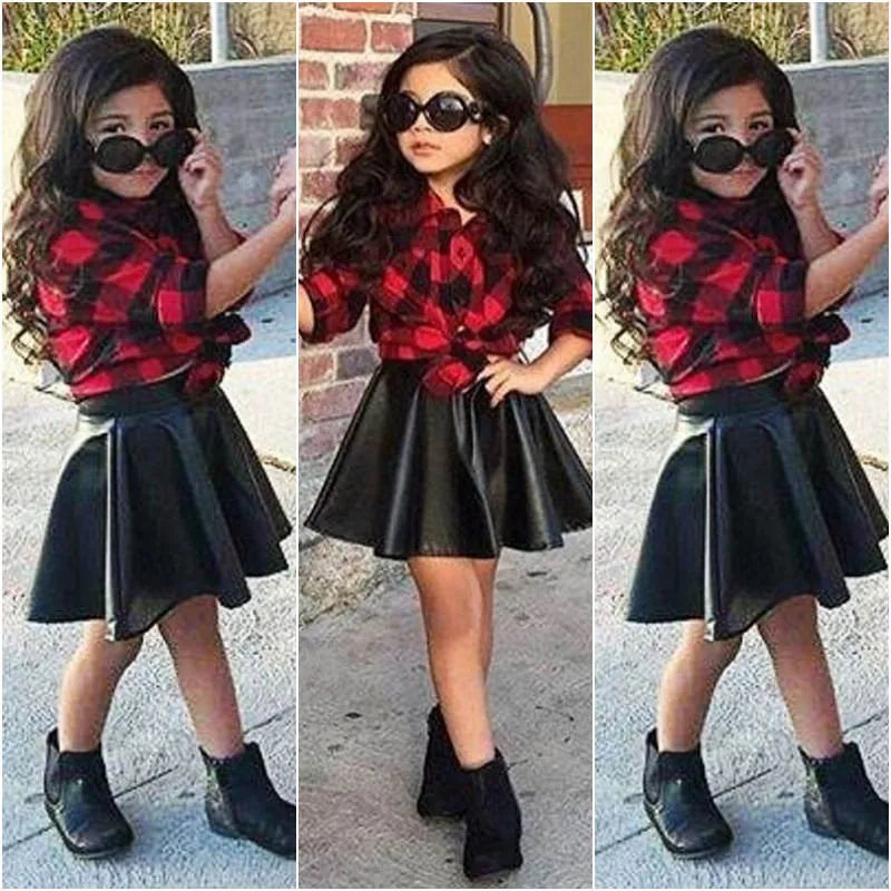 2PCS New Fashion Girls Kids Red Plaid Long Sleeve Tops Shirt Leather PU Skirt Summer Stylish Kid Girls Outfits Clothes Sets