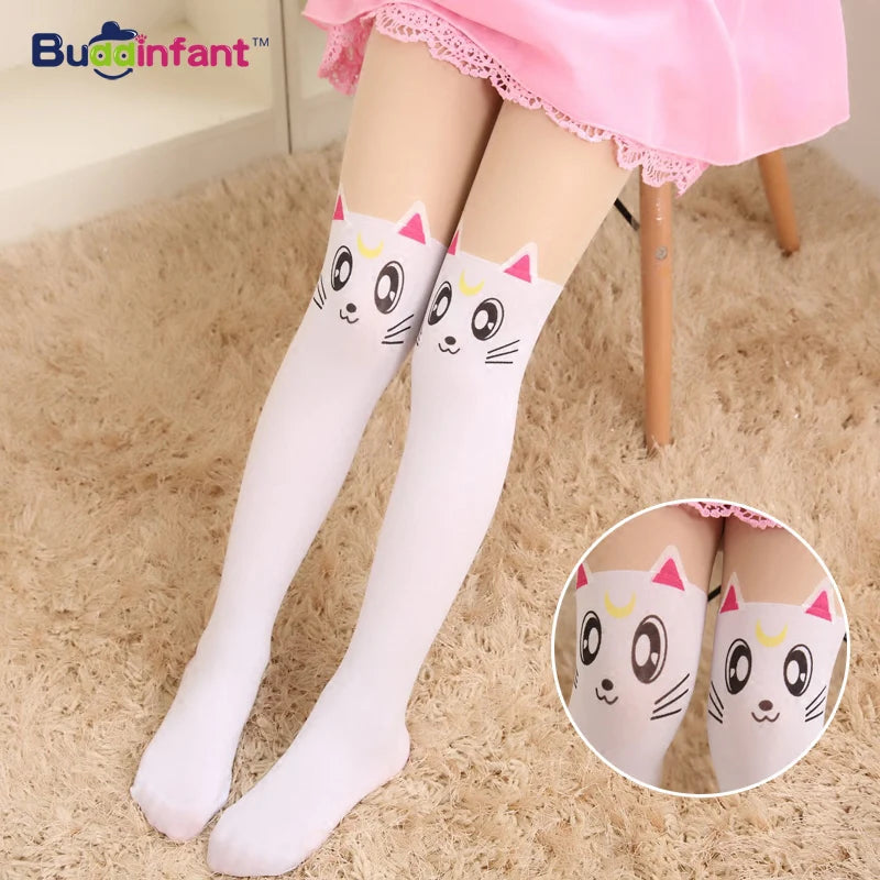 Summer Children's Baby Kids Girls Thin Tights Pantyhose Knee Fake Tattoo Velvet Stocking white Cartoon Kitty Cat 3-8Y new 2016