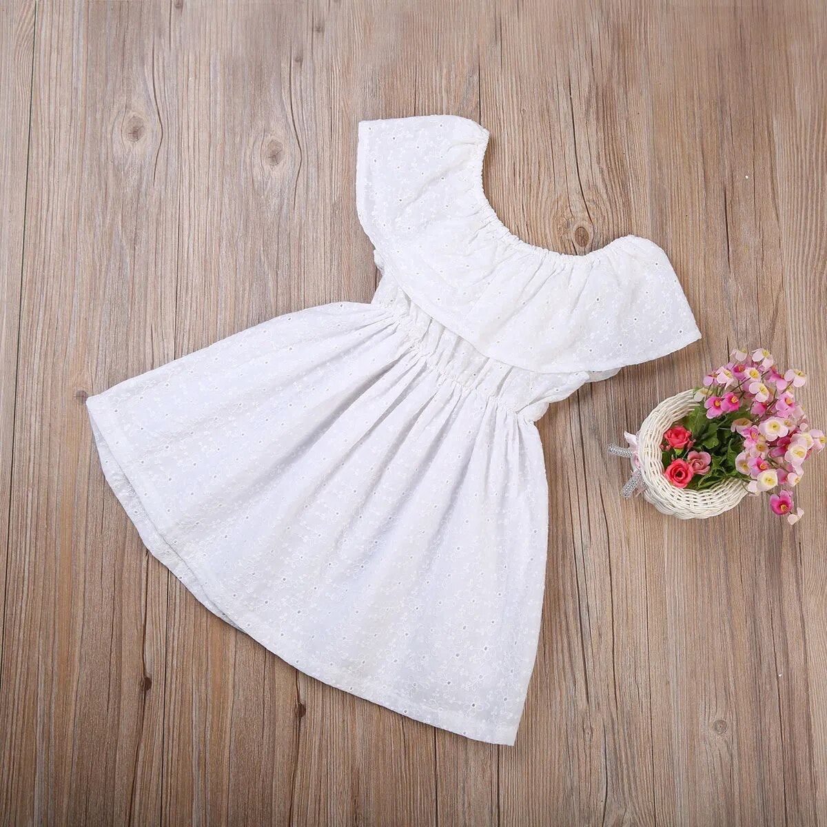 Summer 2017 Toddler Pure White Girls Kids Baby Ruffles Off Shoulder Summer Casual Party Dress NEW