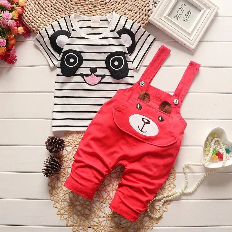 BibiCola Summer Children Clothing Baby Boys Clothing Sets Panda Cartoon Cute Clothes Kids Bib Short Sleeve t Shirt+Strap Shorts