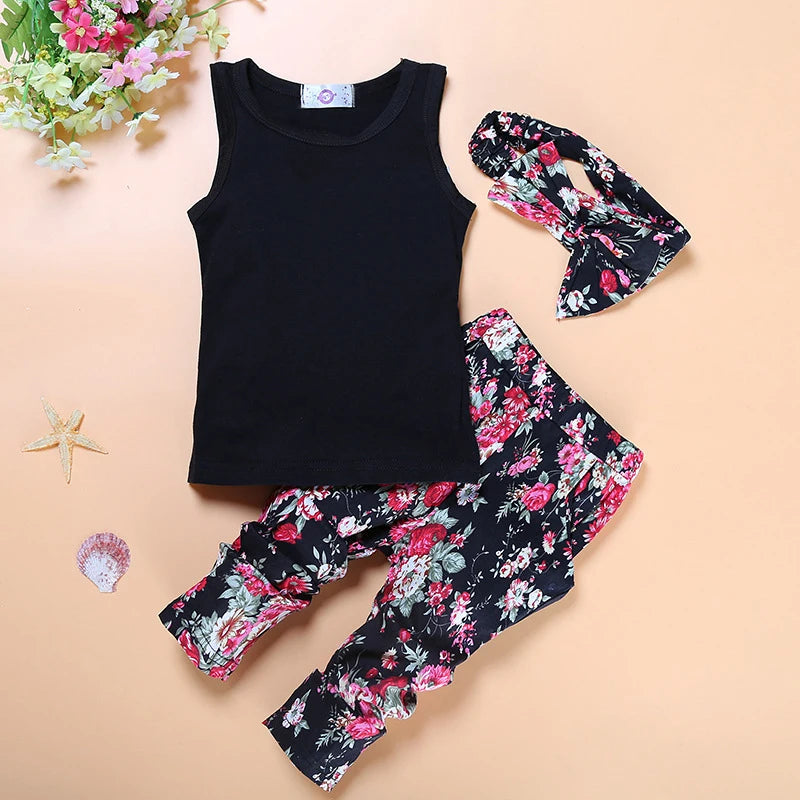 Summer Girls Clothing Kids Outfits Baby Flowers Sleeveless Vest+Pants+Headband 3pcs Girl Sets Children Tracksuit 0-7Years BC1135