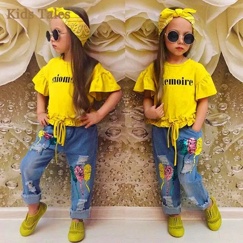 PR-077 Summer Autumn Style Children Girls Clothes Set Letter Print T-shirt+Denim Pants+Headband 3Pcs Baby Girls Outfits for Sale