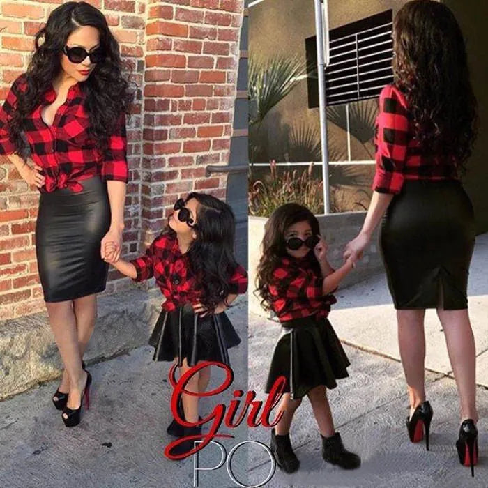 Infant Toddler Kid Baby Girls 2PCS Clothes Princess Plaid Tops Shirt Leather Skirt Fashion Outfits