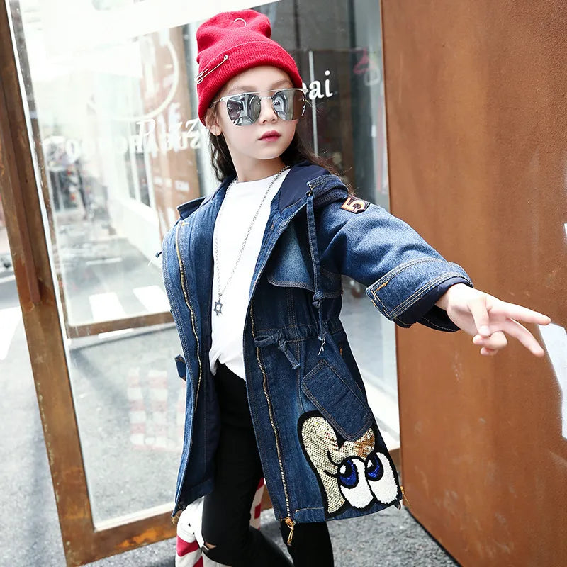 Girls Denim Jacket for Autumn Winter New Children Long Clothes Girl Kids Thick Warm Outerwear Coats Denim Cotton Hooded Jacket