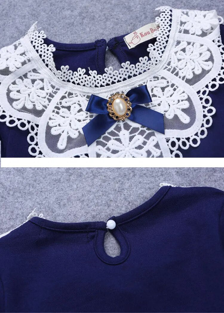 Spring Winter 2021 Girls White Blouses Shirts Fashion Autumn Warm Long Sleeve Lace Shirt Cotton Flower Student School Clothes