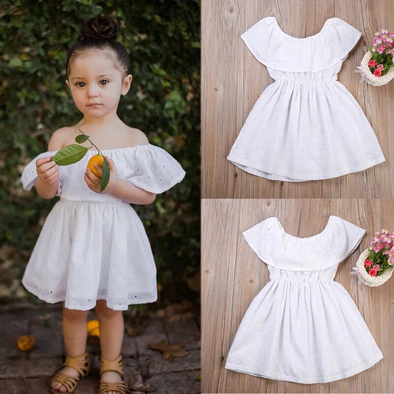 Summer 2017 Toddler Pure White Girls Kids Baby Ruffles Off Shoulder Summer Casual Party Dress NEW