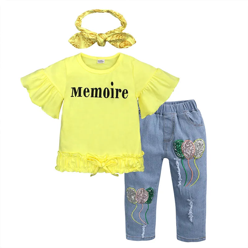 PR-077 Summer Autumn Style Children Girls Clothes Set Letter Print T-shirt+Denim Pants+Headband 3Pcs Baby Girls Outfits for Sale