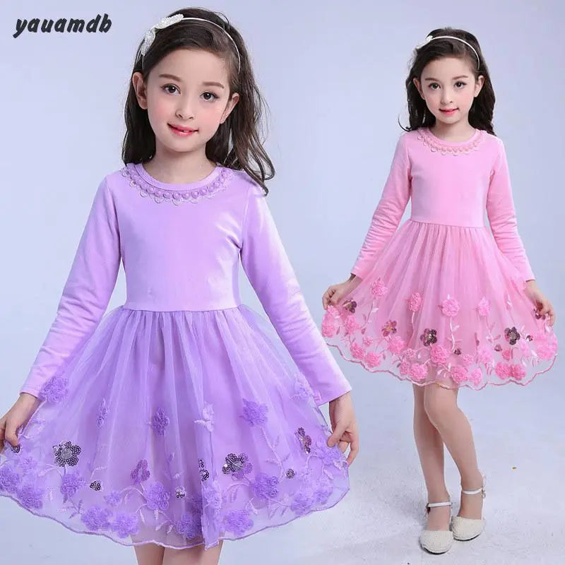 Yauamdb Girl Autumn Spring Kid 4-14y Cotton Princess Dresses Embroider Knee Legnth Long Sleeve Cute Brand Children's Clothes Y43