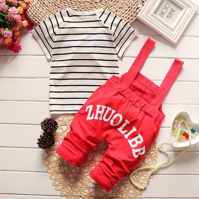 BibiCola Summer Children Clothing Baby Boys Clothing Sets Panda Cartoon Cute Clothes Kids Bib Short Sleeve t Shirt+Strap Shorts