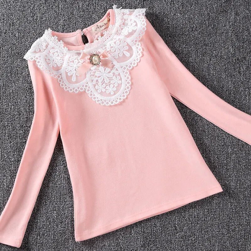 Spring Winter 2021 Girls White Blouses Shirts Fashion Autumn Warm Long Sleeve Lace Shirt Cotton Flower Student School Clothes