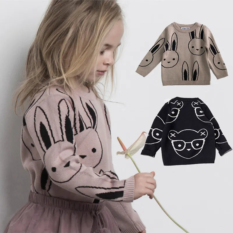 Ins Fashion Baby Girls Sweaters Boy Cartoon Rabbit Sweater Autumn Winter Kids Pullover Tops Cotton Knitwear For Girls Clothing