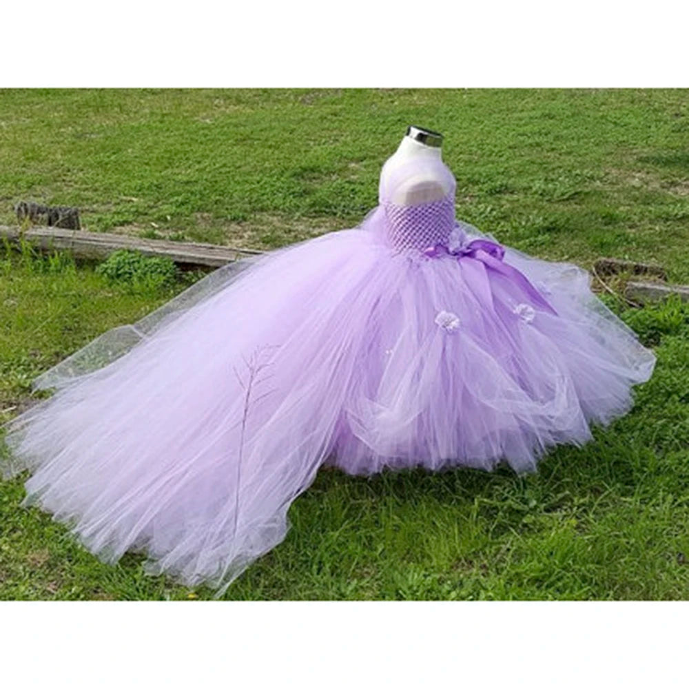 2-8Y Flower Girl Princess Dress Kid Party Pageant Wedding Bridesmaid Tutu Dresses Pink Lavender Kids Dress for Girls PT153