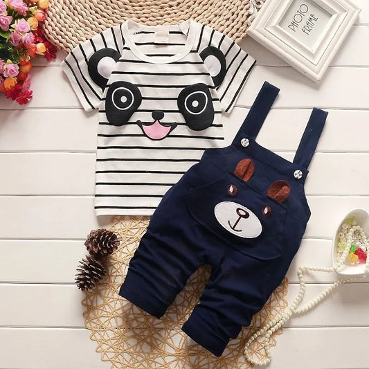 BibiCola Summer Children Clothing Baby Boys Clothing Sets Panda Cartoon Cute Clothes Kids Bib Short Sleeve t Shirt+Strap Shorts