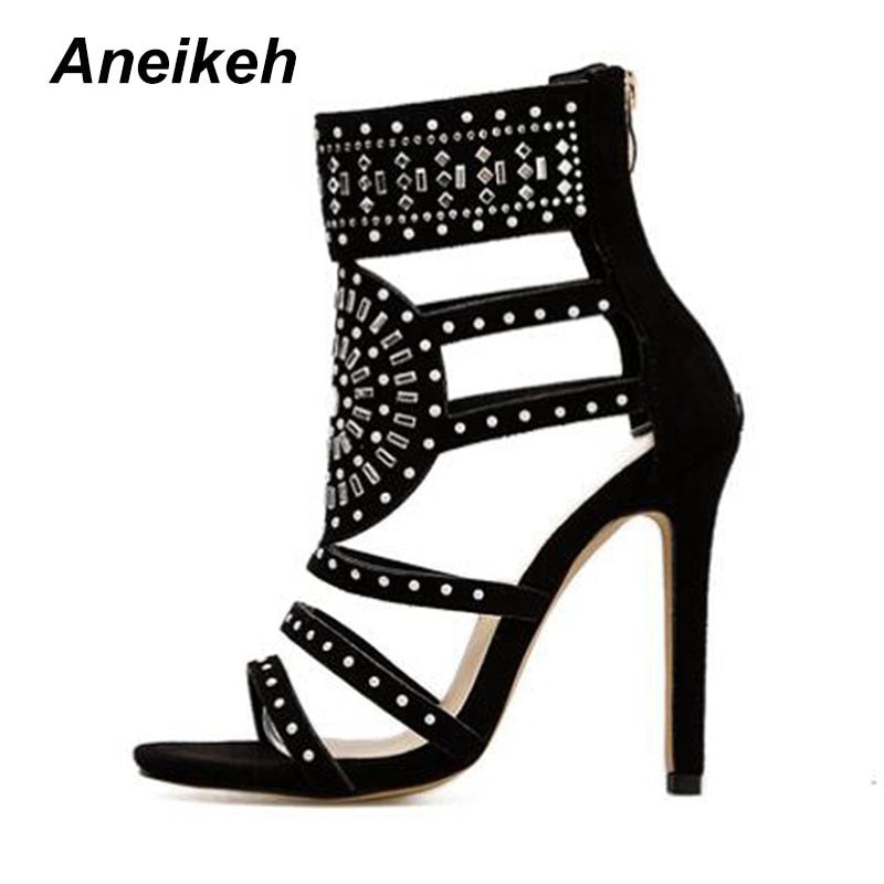 Aneikeh Women Fashion Open Toe Rhinestone Design High Heel Sandals Crystal Ankle Wrap Glitter Diamond Gladiator Black Size 35-42