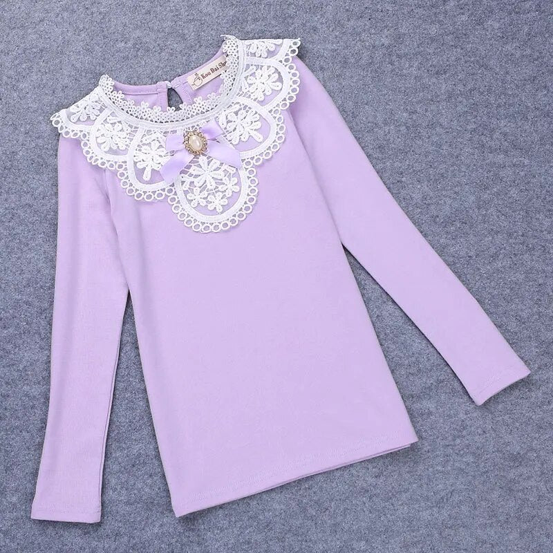 Spring Winter 2021 Girls White Blouses Shirts Fashion Autumn Warm Long Sleeve Lace Shirt Cotton Flower Student School Clothes