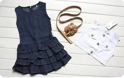 Hot Girls Dress Baby Children Kids Outfit Clothing Clothes Coat Floral Denim Dress 2Pcs Set Suit