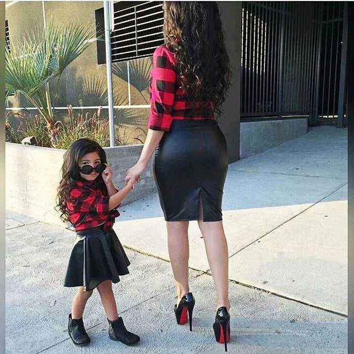 2PCS New Fashion Girls Kids Red Plaid Long Sleeve Tops Shirt Leather PU Skirt Summer Stylish Kid Girls Outfits Clothes Sets