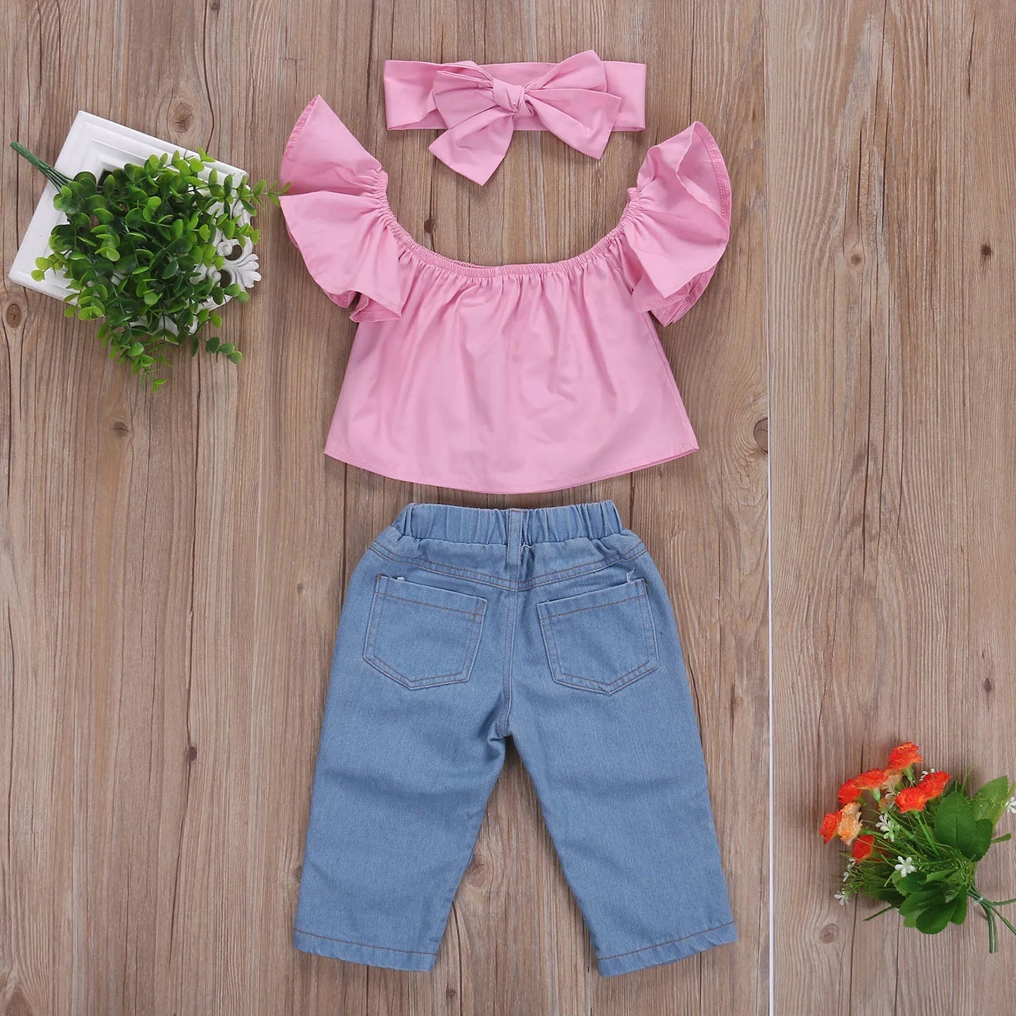 3PCS Baby Girl Clothing Set Newest Arrival Kids Toddler Girls Off Shoulder Tops+Denim Fishnet Pants Casual Outfits Set for 0-6Y