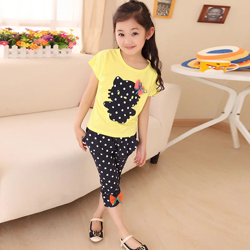 Girls Summer Casual Clothes Set Children Short Sleeve Cartoon T-shirt + Short Pants Sport Suits Girl Clothing Sets for Kids