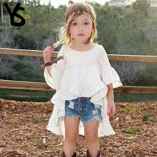 2-8T Baby Girls Shirt Kids Top Half Puff Sleeve White Cute Blouse Children Clothes