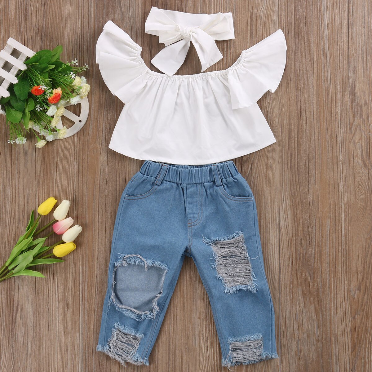 Citgeett Casual Toddler Girls Kid Off Shoulder White Tops+Denim Pants Jeans Outfits Set Clothes 1-6Y