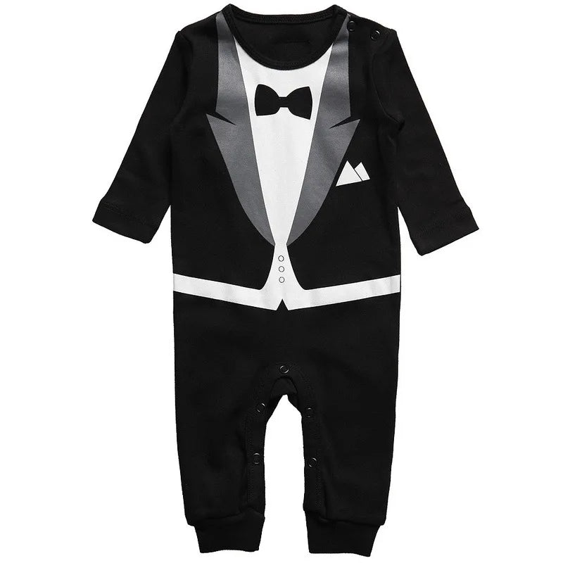 Cute Retail Baby Boys Black White Cotton Suit Set Kids Long Sleeve Gentlemen Style Bodysuit Kids Romper Jumpsuit Sets 4Sizes