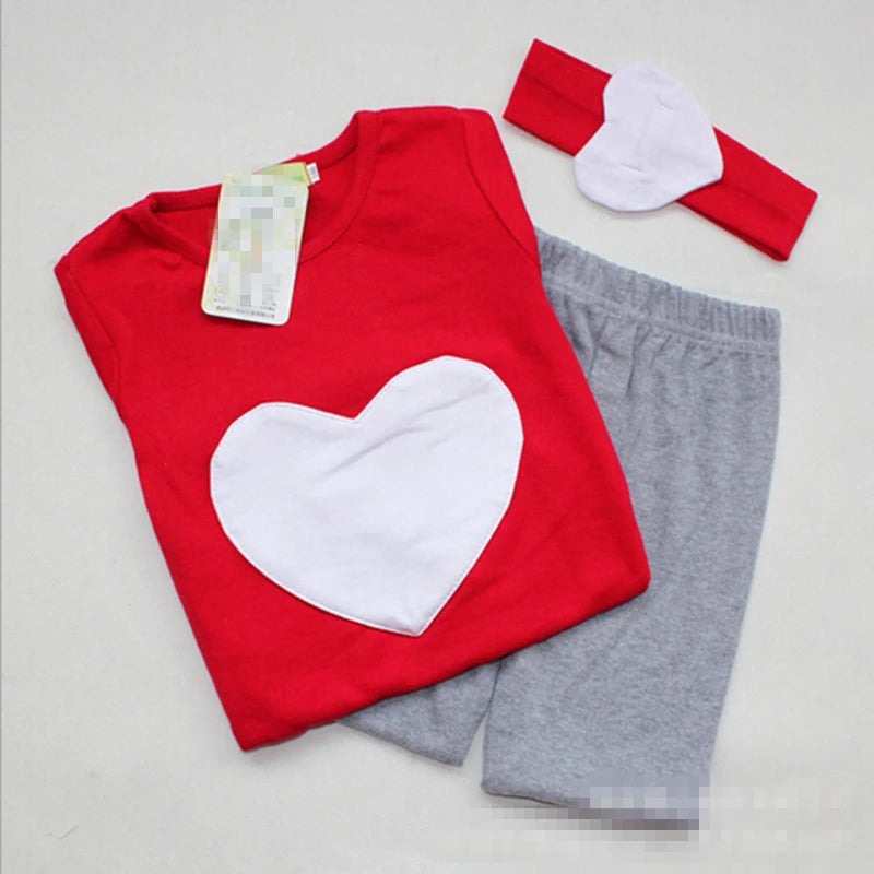 3pcs 1pc Hair Band+1pc Shirts+1pc Pants Children's Clothing Set Girls Long Sleeve Clothes Suits Red Pink Heart Cotton