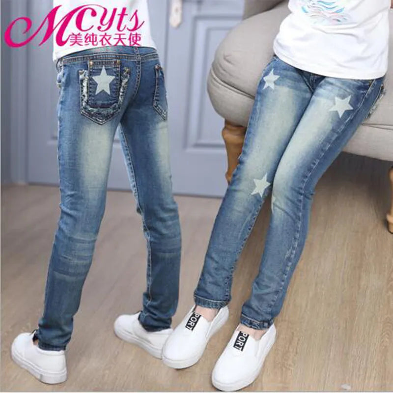 Girls pants full-length Jeans girls kids trousers embroidery jeans denim casual pants 5-14Y children pants outwear free shipping