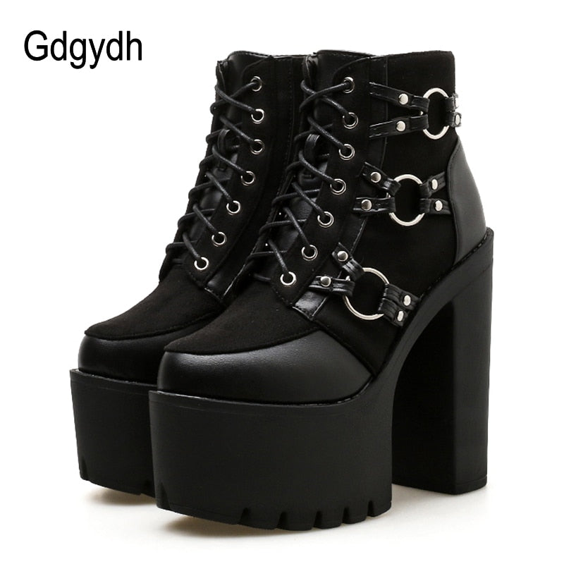 Gdgydh 2022 Spring Fashion Motorcycle Boots Women Platform Heels Casual Shoes Lacing Round Toe Shoes Ladies Autumn Boots Black