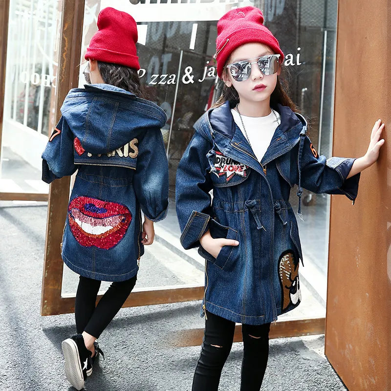 Girls Denim Jacket for Autumn Winter New Children Long Clothes Girl Kids Thick Warm Outerwear Coats Denim Cotton Hooded Jacket