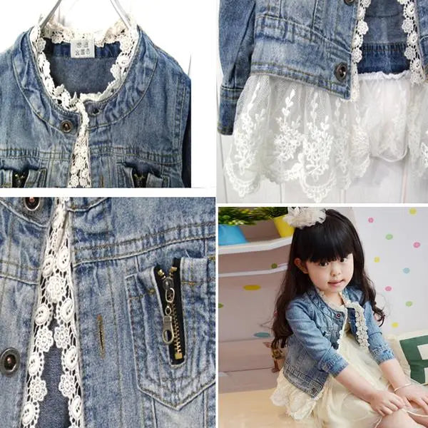 Girls Jean Jackets Kids Lace Coat Long Sleeve Button Denim Jackets For Girls 2-7Y New Woolen Fashion Patchwork