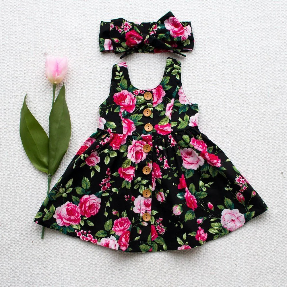 Toddler Infant Kids Baby Girls Summer Floral Dress Princess Party Sleeveless Dresses Headband 2pcs 0-4Y