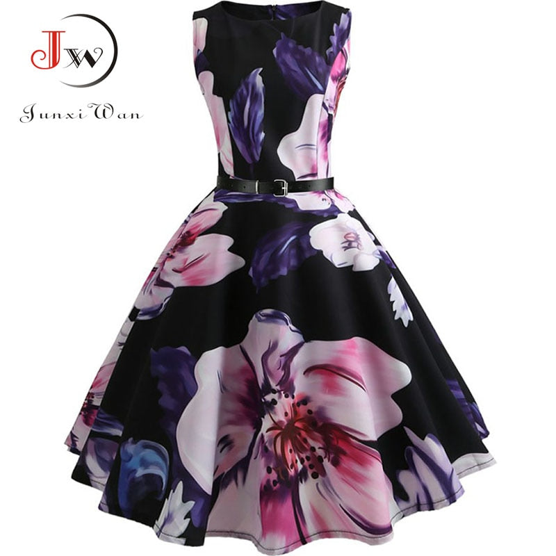 Summer Womens Dresses  Casual Floral Retro Vintage 50s 60s Robe Rockabilly Swing Pinup Vestidos Valentines Day Party Dress