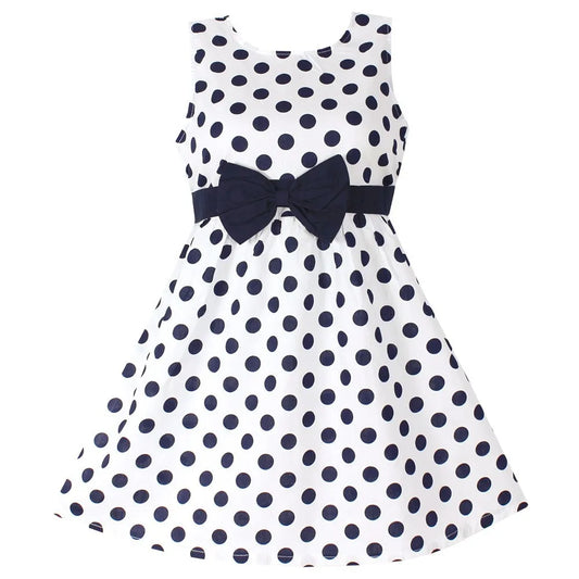 New Girls Dress Polka Dot Bow 100% Cotton Party Birthday Kids Clothing Size 2-12