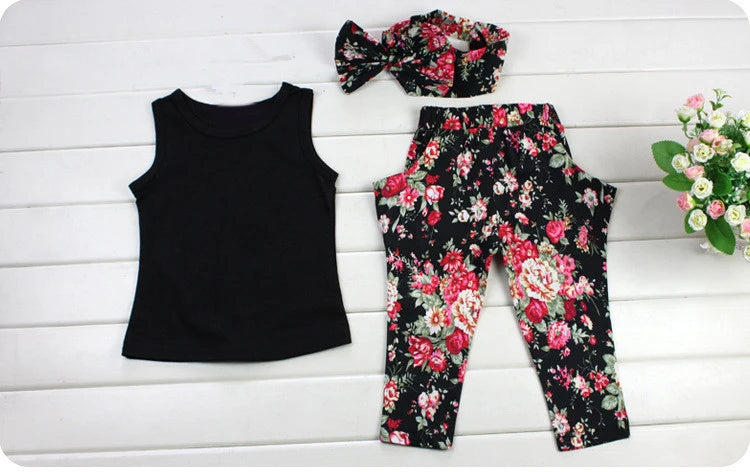 Summer Girls Clothing Kids Outfits Baby Flowers Sleeveless Vest+Pants+Headband 3pcs Girl Sets Children Tracksuit 0-7Years BC1135