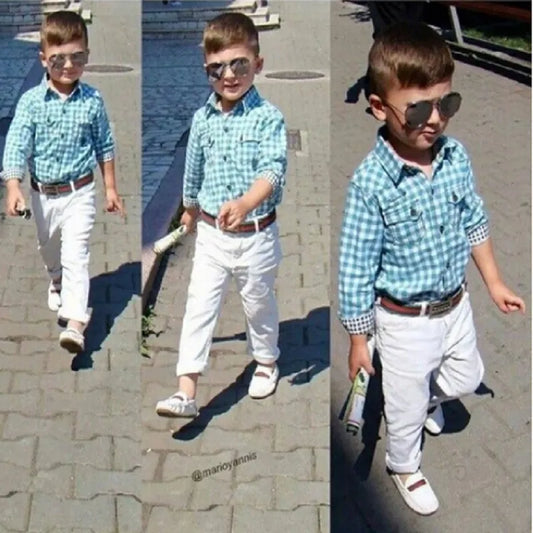 New Handsome Boys Clothing Set Long Sleeve Blue Plaid Shirt Suits Boys 3-pieces suit:Long sleeve plaid shirts+White pants+Belt