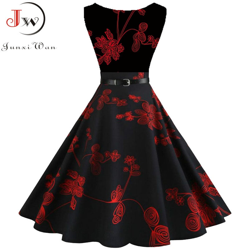 Summer Womens Dresses  Casual Floral Retro Vintage 50s 60s Robe Rockabilly Swing Pinup Vestidos Valentines Day Party Dress