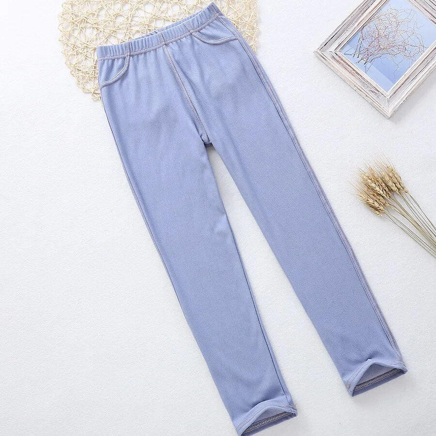 SheeCute New Spring Summer Fashion Girls Pencil knit Imitation denim fabric Jeans Kids Candy Colore Mid Waist Full Length pants