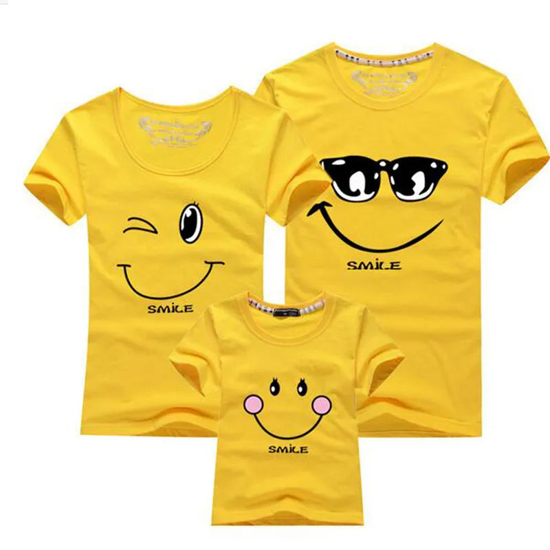 New 2023 Cotton Family Matching T Shirt Smiling Face Shirt Short Sleeves Matching Clothes Fashion Family Outfit Set Tees Tops