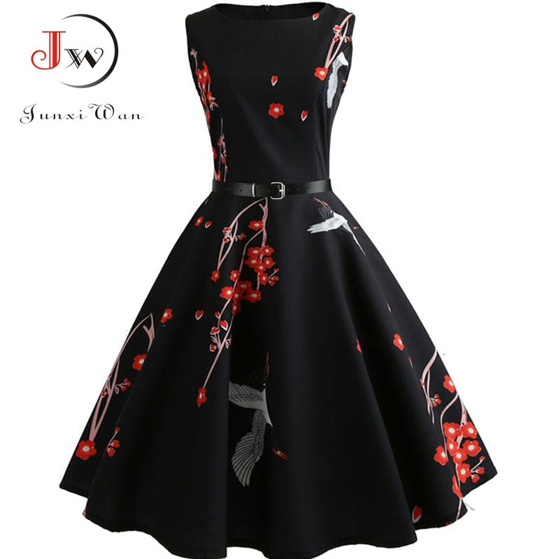 Summer Womens Dresses  Casual Floral Retro Vintage 50s 60s Robe Rockabilly Swing Pinup Vestidos Valentines Day Party Dress