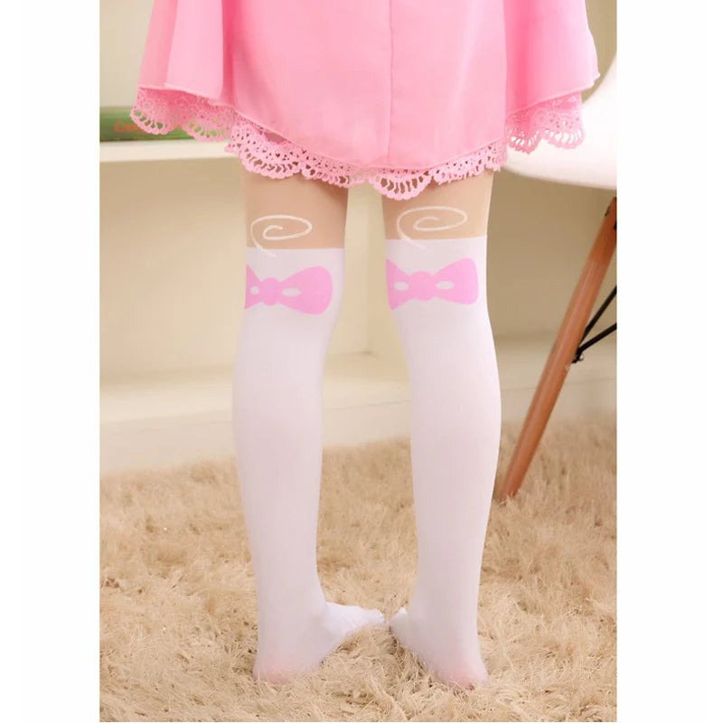 Summer Children's Baby Kids Girls Thin Tights Pantyhose Knee Fake Tattoo Velvet Stocking white Cartoon Kitty Cat 3-8Y new 2016